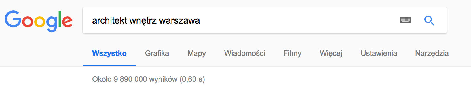 ilosc wynikow w google na haslo architekt wnetrz warszawa